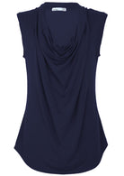 Front view of women's cowl neck rayon navy blue cap sleeve top on white background.