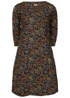 Beautiful native print in earthy tones on a black base cotton dress