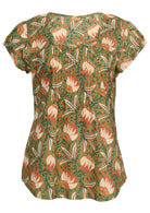 Cotton short sleeve top with flattering U-shaped neckline accented by tiny decorative pleats