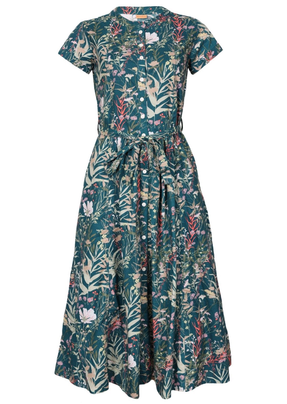 50's style button through teal based floral midi length dress