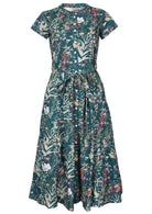 50's style button through teal based floral midi length dress