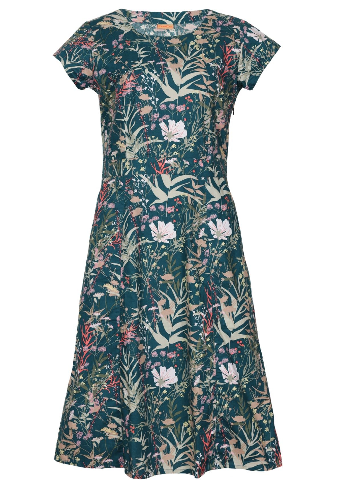 Cotton cap sleeved knee length dress with high round neckline, empire waist and slight a-line skirt in teal based multiple floral print.