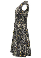 100% cotton dress in the striking wattle print of greys and yellow on a dark base