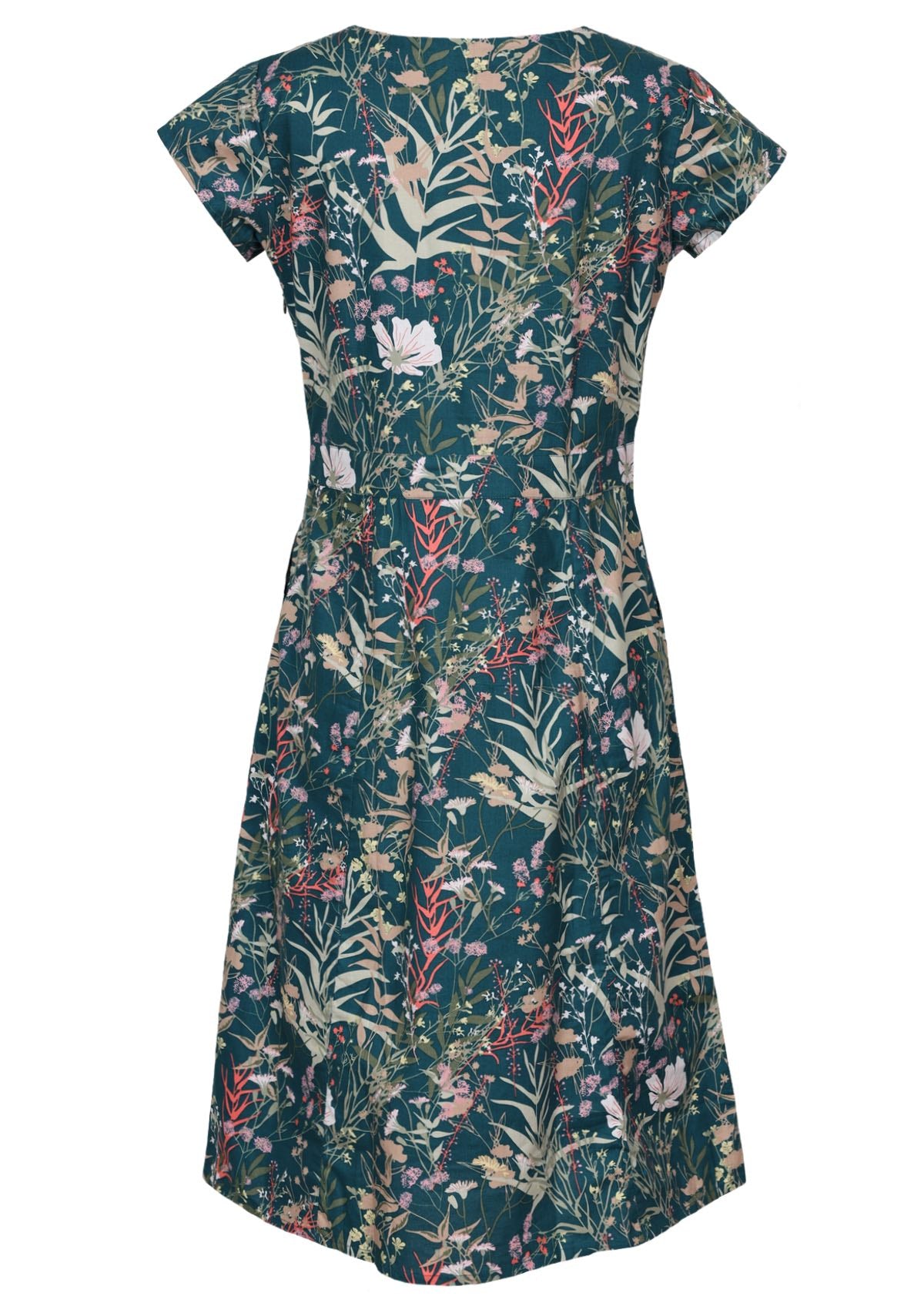 Back view of knee length 100 percent cotton dress with cap sleeves, round neckline and empire waist