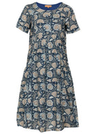 Blue and taupe floral print with white highlights on a dark blue base cotton dress