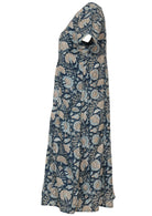 Short sleeved lightweight cotton dress in gorgeous blue and taupe floral print on dark blue base