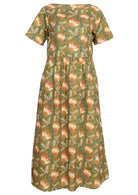 Green, orange and yellow floral print on a light green base cotton midi length dress